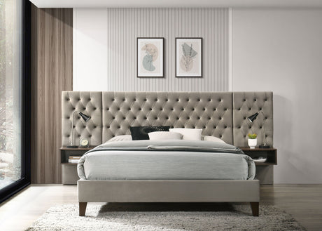 Marley Light Brown Upholstered Eastern King Wall Panel Bed