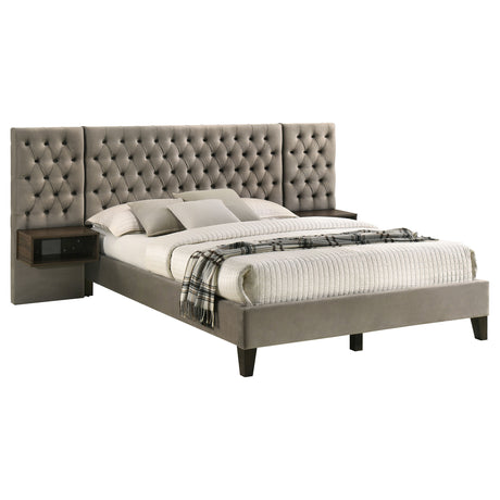 Marley Light Brown Upholstered Eastern King Wall Panel Bed