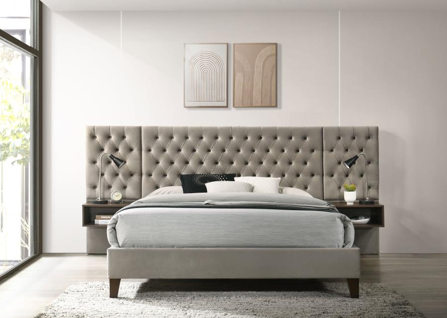 Marley Light Brown Upholstered Eastern King Wall Panel Bed