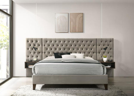 Marley Light Brown Upholstered Eastern King Wall Panel Bed