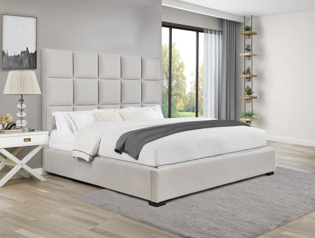 Panes Beige Upholstered Eastern King Panel Bed
