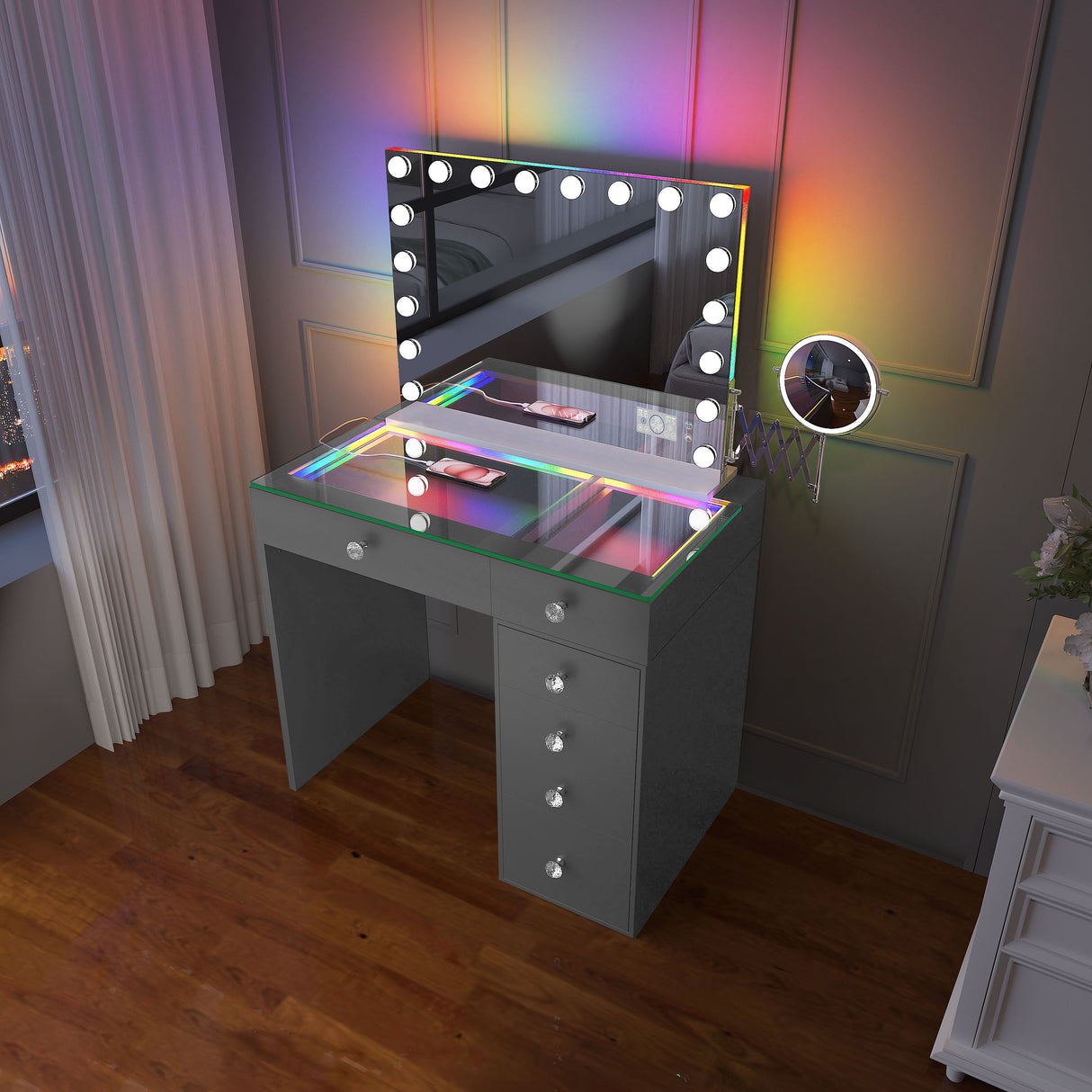 Mini Diana Vanity Desk with Hollywood Style RGB Music Mirror