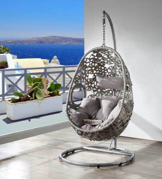 Sigar Light Gray Fabric & Wicker Patio Swing Chair