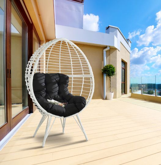 Galzed Black Fabric & White Wicker Patio Lounge Chair