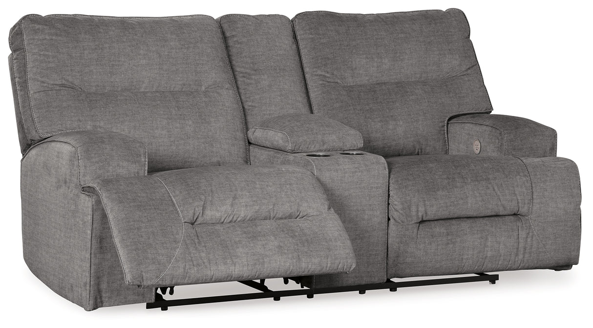 Coombs Charcoal Power Reclining Loveseat With Console