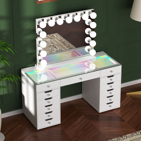 Promotion Deal! Eva-RGB Vanity Desk Set with 13 Storage Drawers and 15 Bulbs Light Mirror