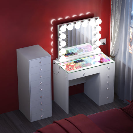 April Promotion ! Mini Diana Vanity Desk with Marilyn Hollywood Vanity Mirror and 9 Drawer Unit (Only sell in California)