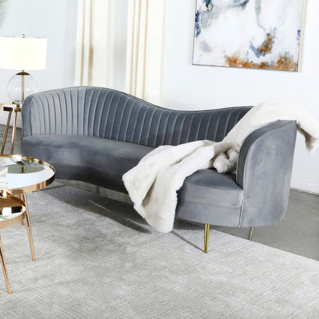 Sophia Upholstered Sofa With Camel Back Grey And Gold