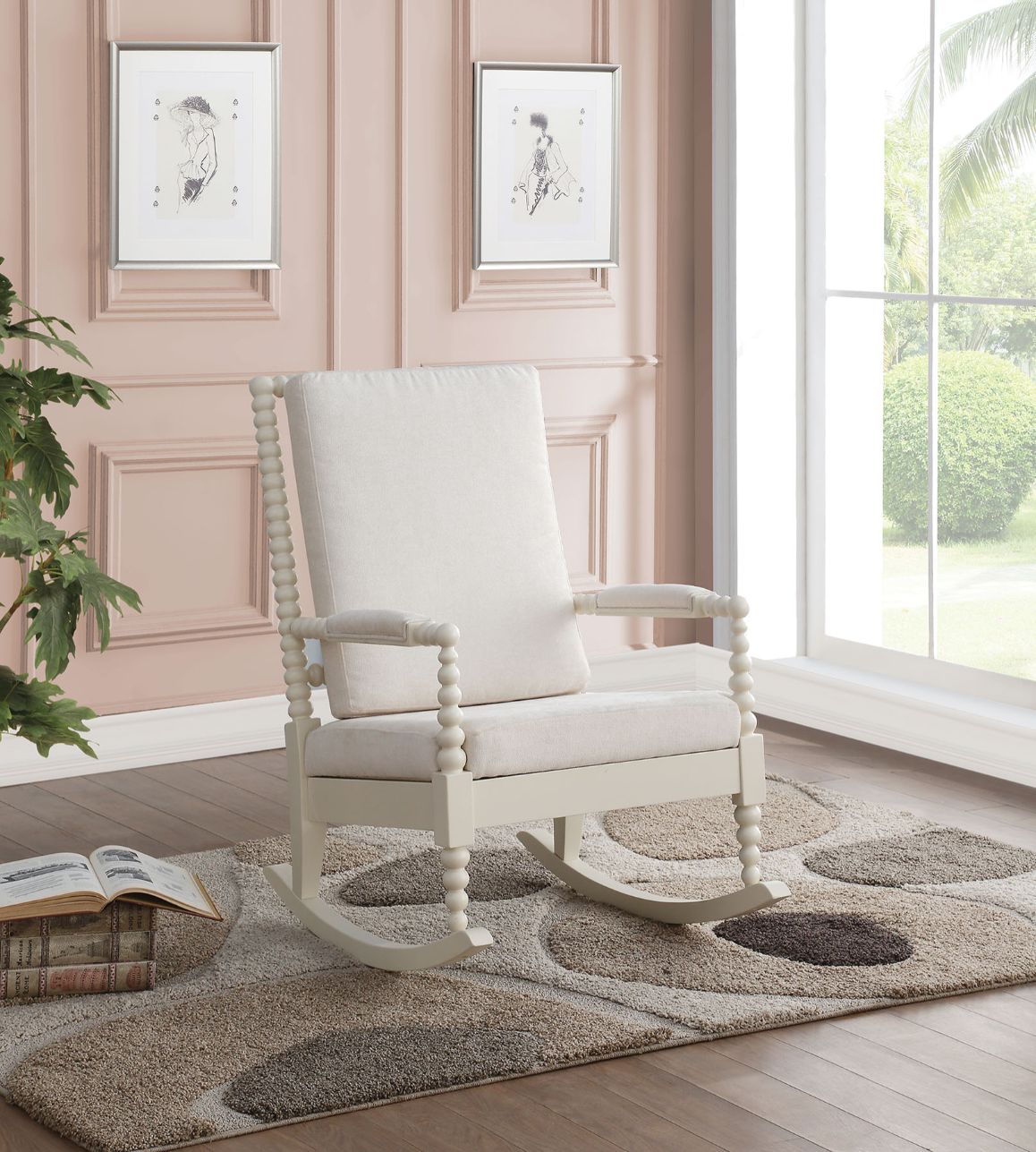 Tristin Cream Fabric & White Finish Rocking Chair