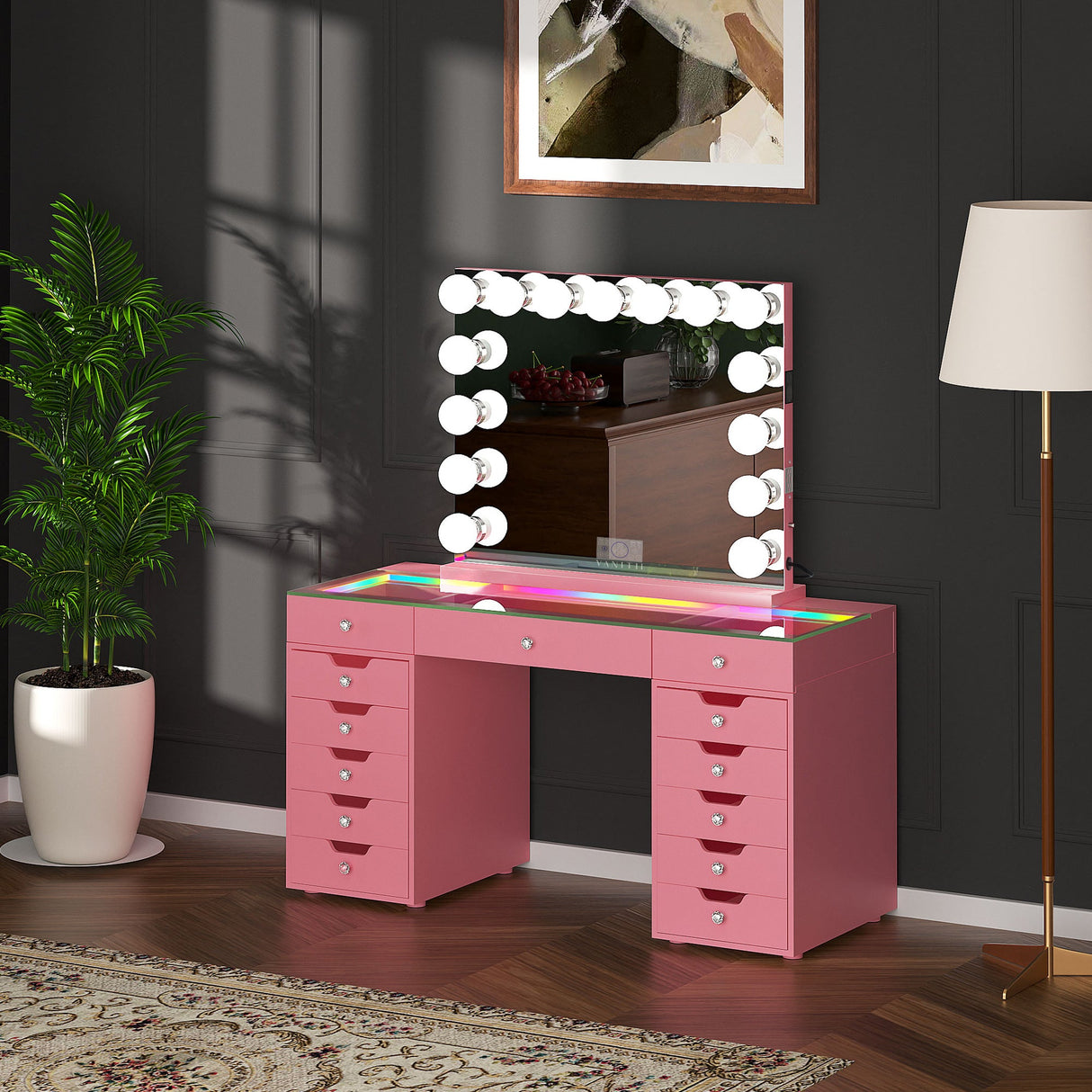 Promotion Deal! Eva-RGB Vanity Desk Set with 13 Storage Drawers and 15 Bulbs Light Mirror
