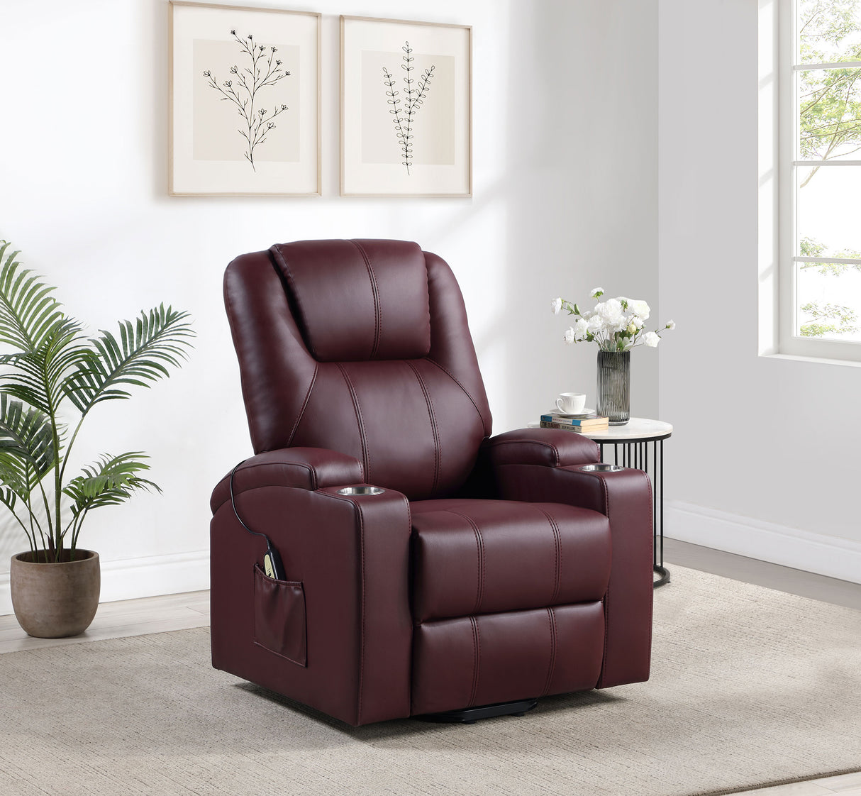 Armstrong Wine Upholstered Power Lift Massage Recliner Red