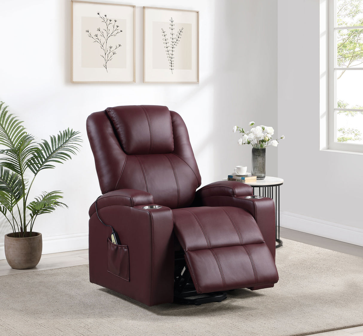 Armstrong Wine Upholstered Power Lift Massage Recliner Red