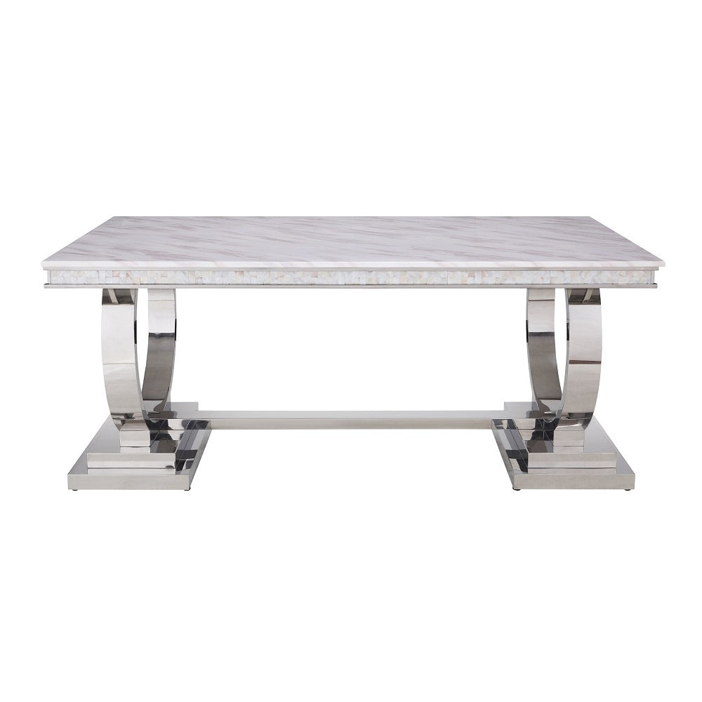 Zander White Printed Faux Marble Top & Mirrored Silver Finish Dining Table