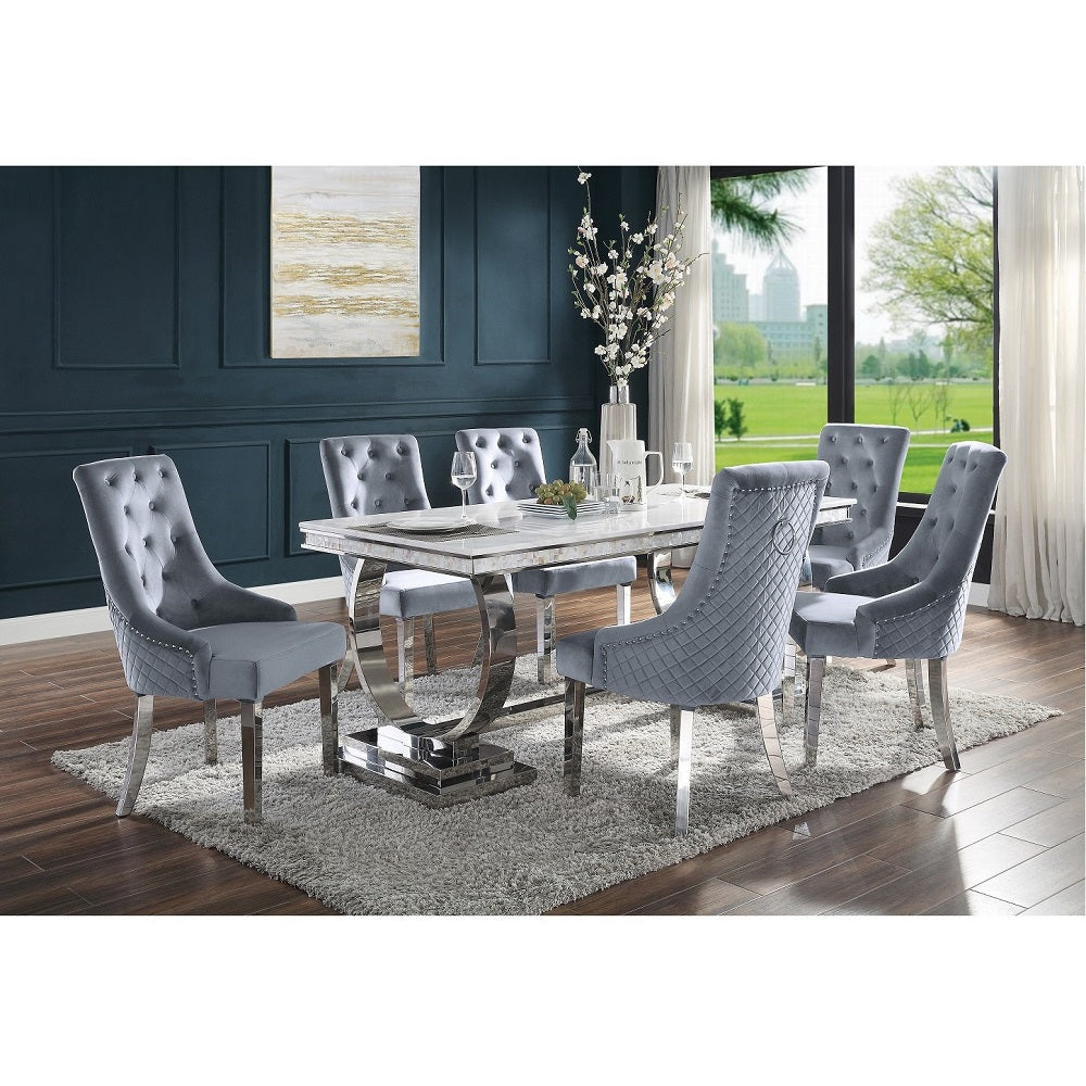 Zander White Printed Faux Marble Top & Mirrored Silver Finish Dining Table