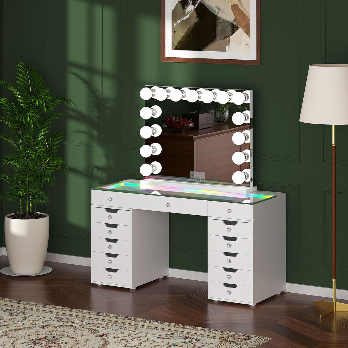 Promotion Deal! Eva-RGB Vanity Desk Set with 13 Storage Drawers and 15 Bulbs Light Mirror