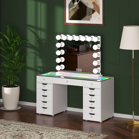 Promotion Deal! Eva-RGB Vanity Desk Set with 13 Storage Drawers and 15 Bulbs Light Mirror
