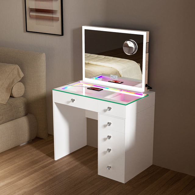 Diana RGB Vanity Desk with 6 Storage Drawers and Led Light Hollywood Mirror (Only sell in California)