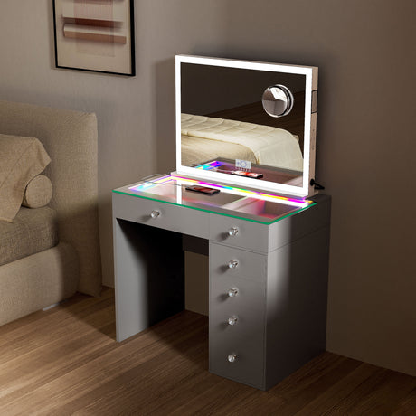 Diana RGB Vanity Desk with 6 Storage Drawers and Led Light Hollywood Mirror (Only sell in California)