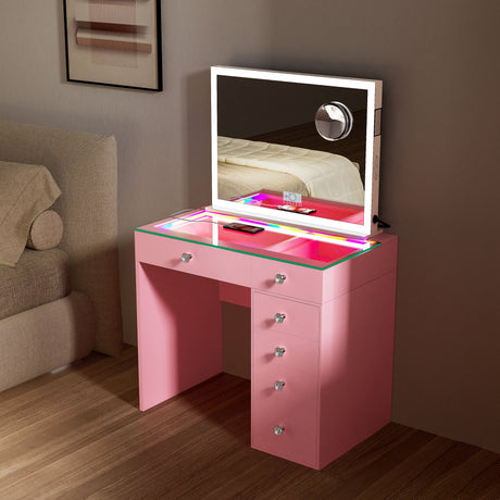 Diana RGB Vanity Desk with 6 Storage Drawers and Led Light Hollywood Mirror (Only sell in California)