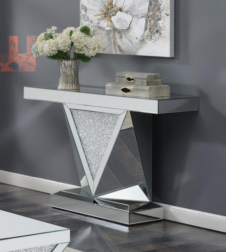 Gunilla Rectangular Sofa Table With Triangle Detailing Silver And Clear Mirror