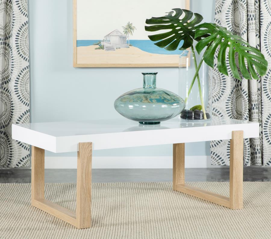 Pala Rectangular Coffee Table With Sled Base White High Gloss And Natural