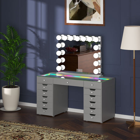 Promotion Deal! Eva-RGB Vanity Desk Set with 13 Storage Drawers and 15 Bulbs Light Mirror