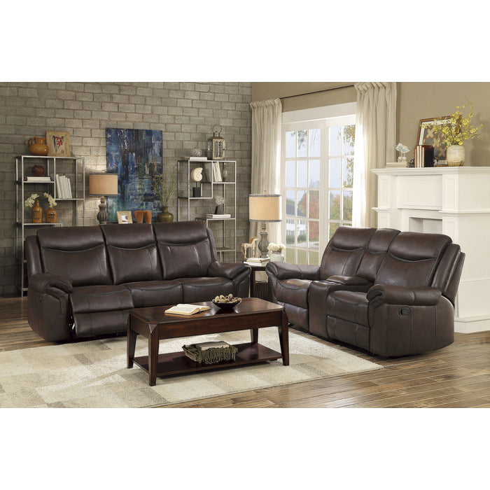 Aram Dark Brown Faux Leather Double Glider Reclining Loveseat with Center Console, Receptacles and USB Ports