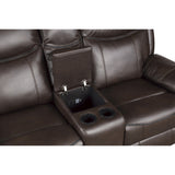 Aram Dark Brown Faux Leather Double Glider Reclining Loveseat with Center Console, Receptacles and USB Ports