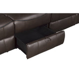 Aram Dark Brown Faux Leather Double Reclining Sofa with Center Drop-Down Cup Holders, Receptacles, Hidden Drawer and USB Ports