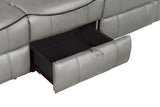 Aram Gray Faux Leather Double Reclining Sofa with Center Drop-Down Cup Holders, Receptacles, Hidden Drawer and USB Ports