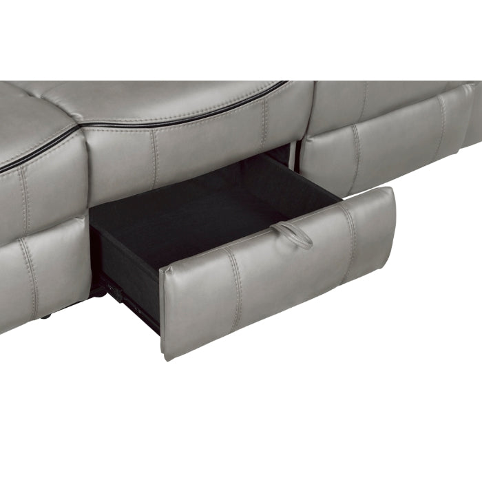 Aram Gray Faux Leather Double Reclining Sofa with Center Drop-Down Cup Holders, Receptacles, Hidden Drawer and USB Ports