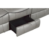 Aram Gray Faux Leather Double Reclining Sofa with Center Drop-Down Cup Holders, Receptacles, Hidden Drawer and USB Ports