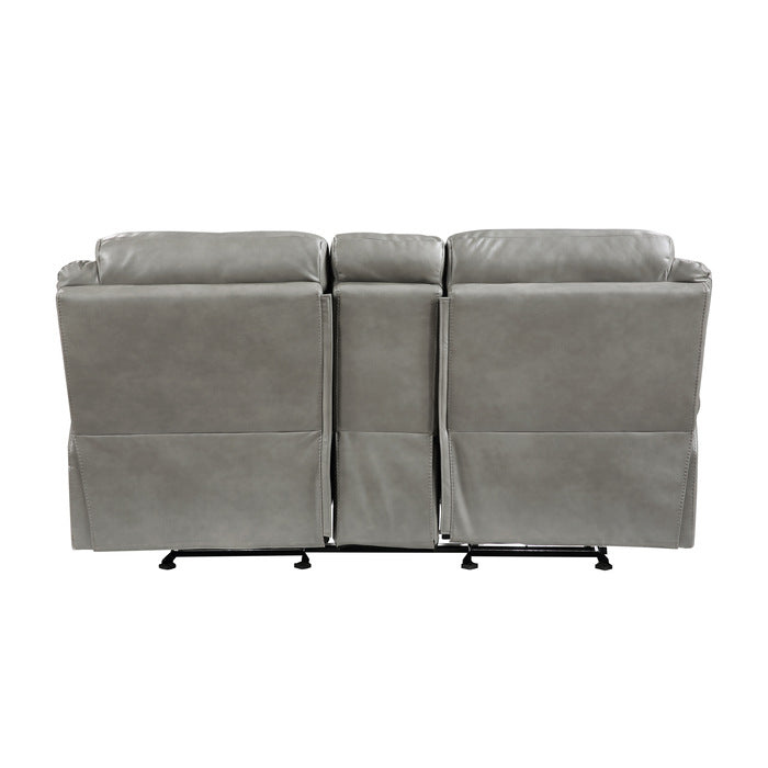 Aram Gray Faux Leather Double Glider Reclining Loveseat with Center Console, Receptacles and USB Ports