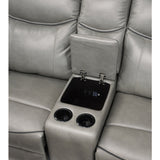 Aram Gray Faux Leather Double Glider Reclining Loveseat with Center Console, Receptacles and USB Ports