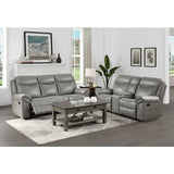 Aram Gray Faux Leather Double Reclining Sofa with Center Drop-Down Cup Holders, Receptacles, Hidden Drawer and USB Ports