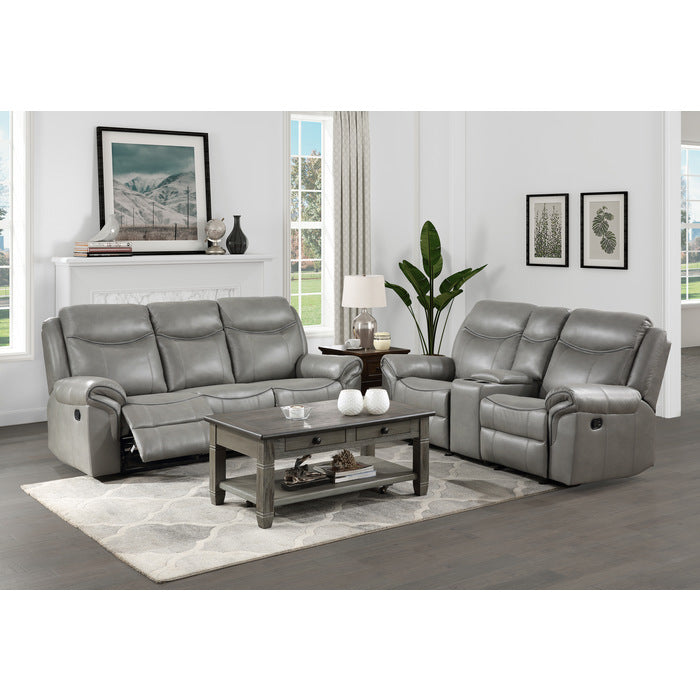 Aram Gray Faux Leather Double Glider Reclining Loveseat with Center Console, Receptacles and USB Ports