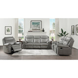 Aram Gray Faux Leather Double Reclining Sofa with Center Drop-Down Cup Holders, Receptacles, Hidden Drawer and USB Ports