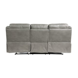 Aram Gray Faux Leather Double Reclining Sofa with Center Drop-Down Cup Holders, Receptacles, Hidden Drawer and USB Ports