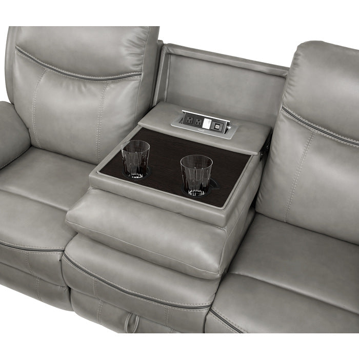 Aram Gray Faux Leather Double Reclining Sofa with Center Drop-Down Cup Holders, Receptacles, Hidden Drawer and USB Ports