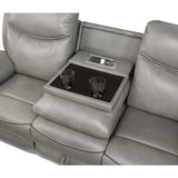Aram Gray Faux Leather Double Reclining Sofa with Center Drop-Down Cup Holders, Receptacles, Hidden Drawer and USB Ports