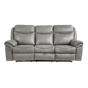 Aram Gray Double Reclining Sofa With Center Drop-Down Cup Holders, Receptacles, Hidden Drawer And Usb Ports
