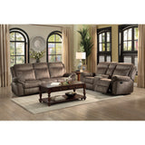 Aram Brown Fabric Double Glider Reclining Loveseat with Center Console, Receptacles and USB Ports