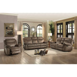 Aram Brown Fabric Double Glider Reclining Loveseat with Center Console, Receptacles and USB Ports