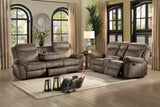 Aram Brown Fabric Double Glider Reclining Loveseat with Center Console, Receptacles and USB Ports