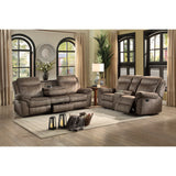 Aram Brown Fabric Double Glider Reclining Loveseat with Center Console, Receptacles and USB Ports
