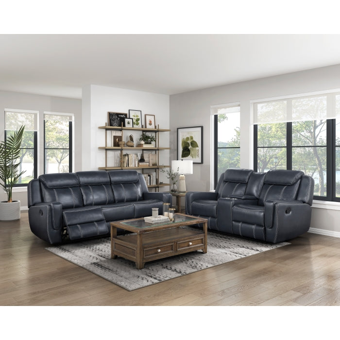 Littleton Blue Double Reclining Love Seat with Center Console, Receptacles and USB Ports