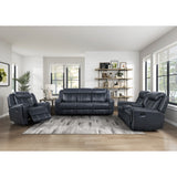Littleton Blue Double Reclining Sofa with Center Drop-Down Cup Holders, Magazine bag, Receptacles and USB Ports