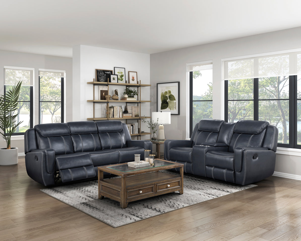 Littleton Blue Double Reclining Sofa with Center Drop-Down Cup Holders, Magazine bag, Receptacles and USB Ports