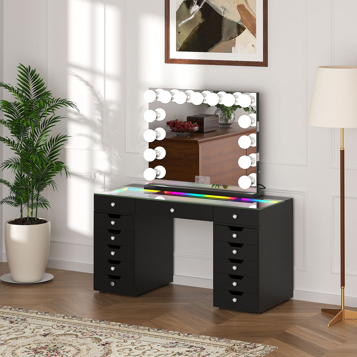 Promotion Deal! Eva-RGB Vanity Desk Set with 13 Storage Drawers and 15 Bulbs Light Mirror