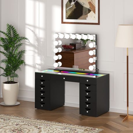 Promotion Deal! Eva-RGB Vanity Desk Set with 13 Storage Drawers and 15 Bulbs Light Mirror